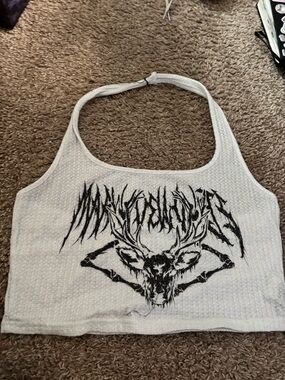 White Cropped Halter Tank with Black Graphic Deer